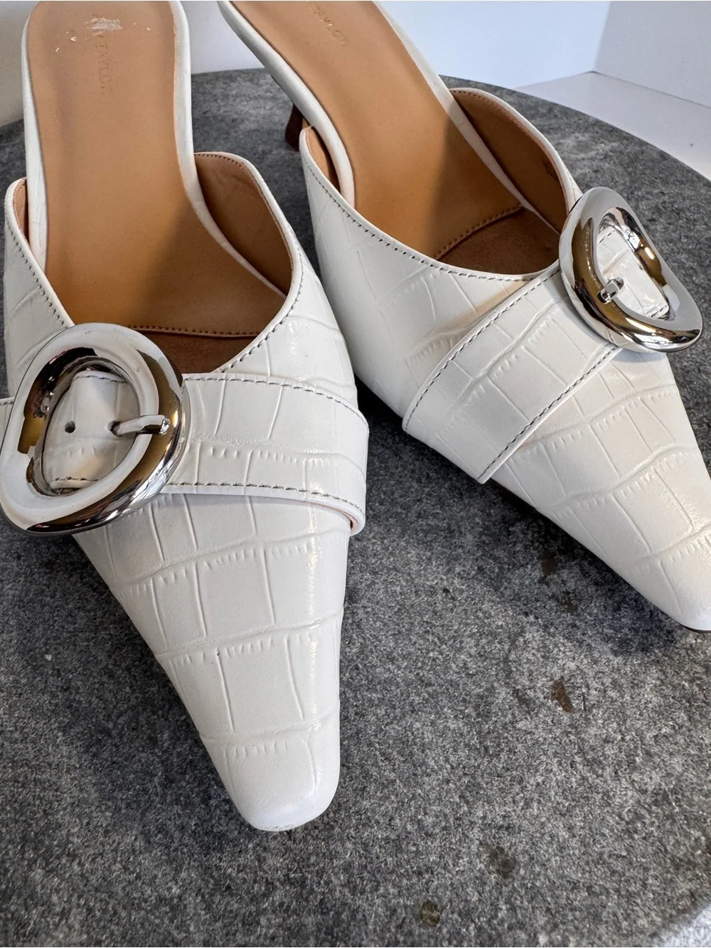 Ann Taylor White Leather Silver Pointed Toe Kitten Heels 6.5 - Picture 9 of 13